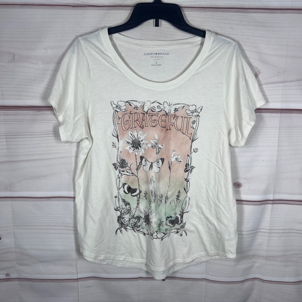 Lucky Brand T-Shirt Women Large Ivory Grateful Graphic Top Short Sleeve Basic